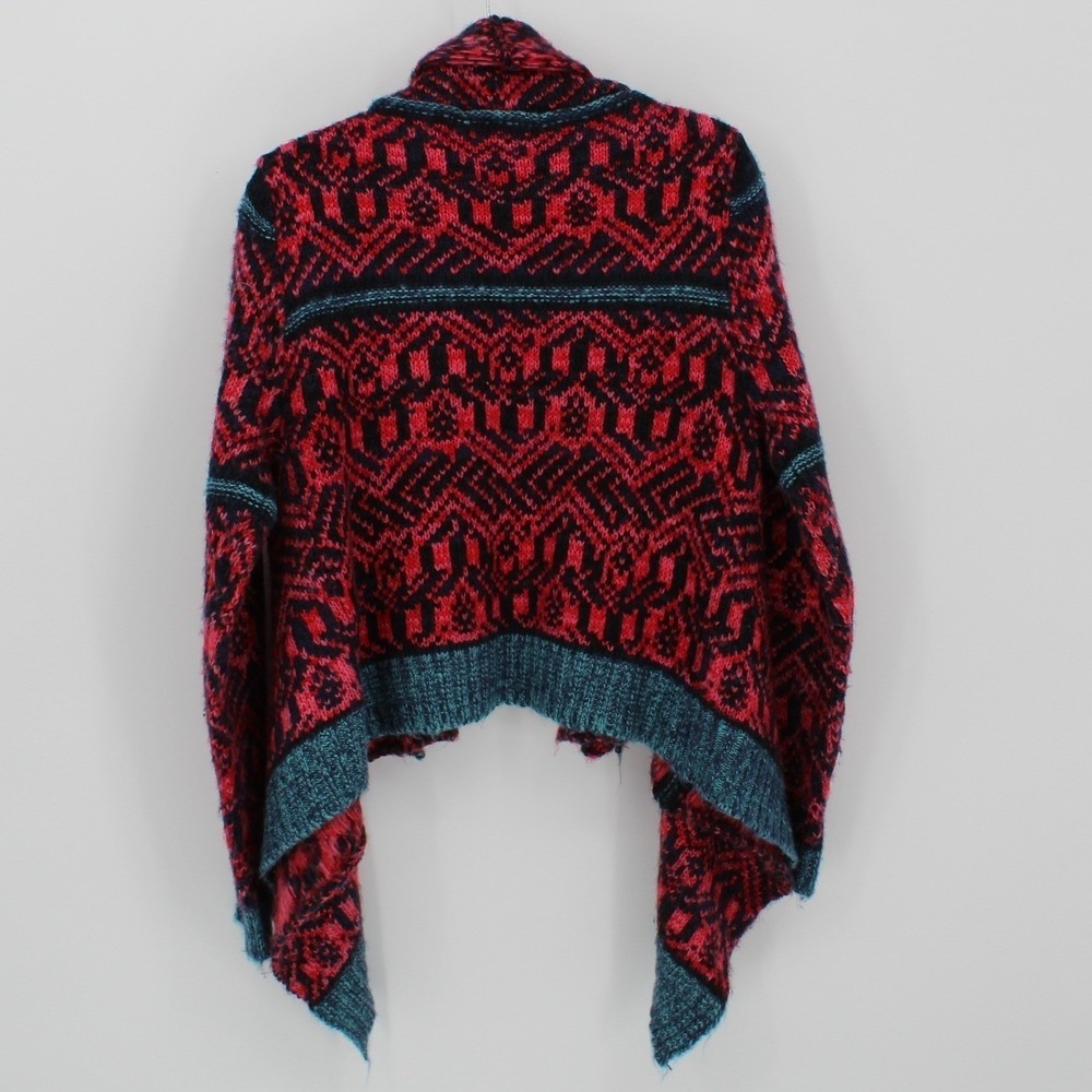 Blue Rain $68 Sm/Medium Red Blue Aztec Pattern Open Front Draped Knit Cardigan - Picture 7 of 10
